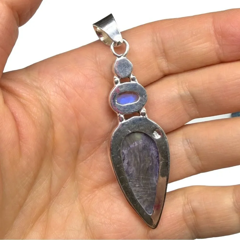 Charoite Rainbow Moonstone Blue Topaz Necklace Pendant Solid 925 Sterling Silver